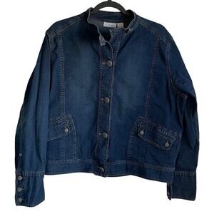 Chico’s Platinum Denim Jacket Banded Collar Sz XL Buttons Stretch Casual Boho